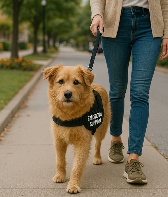 Dog working as emotional support animal with vest